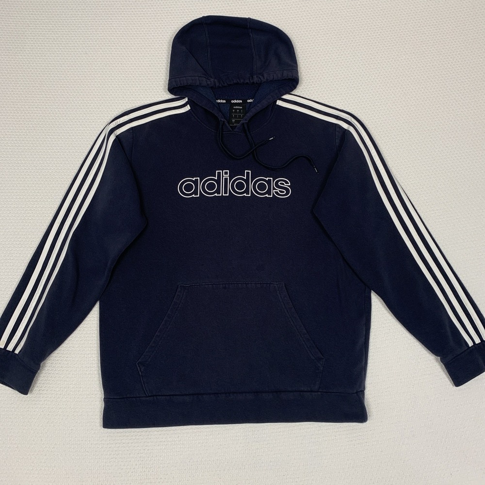 adidas Essentials 3-Stripes Hoodie Mens Sz M Navy Blue White Sweatshirt
